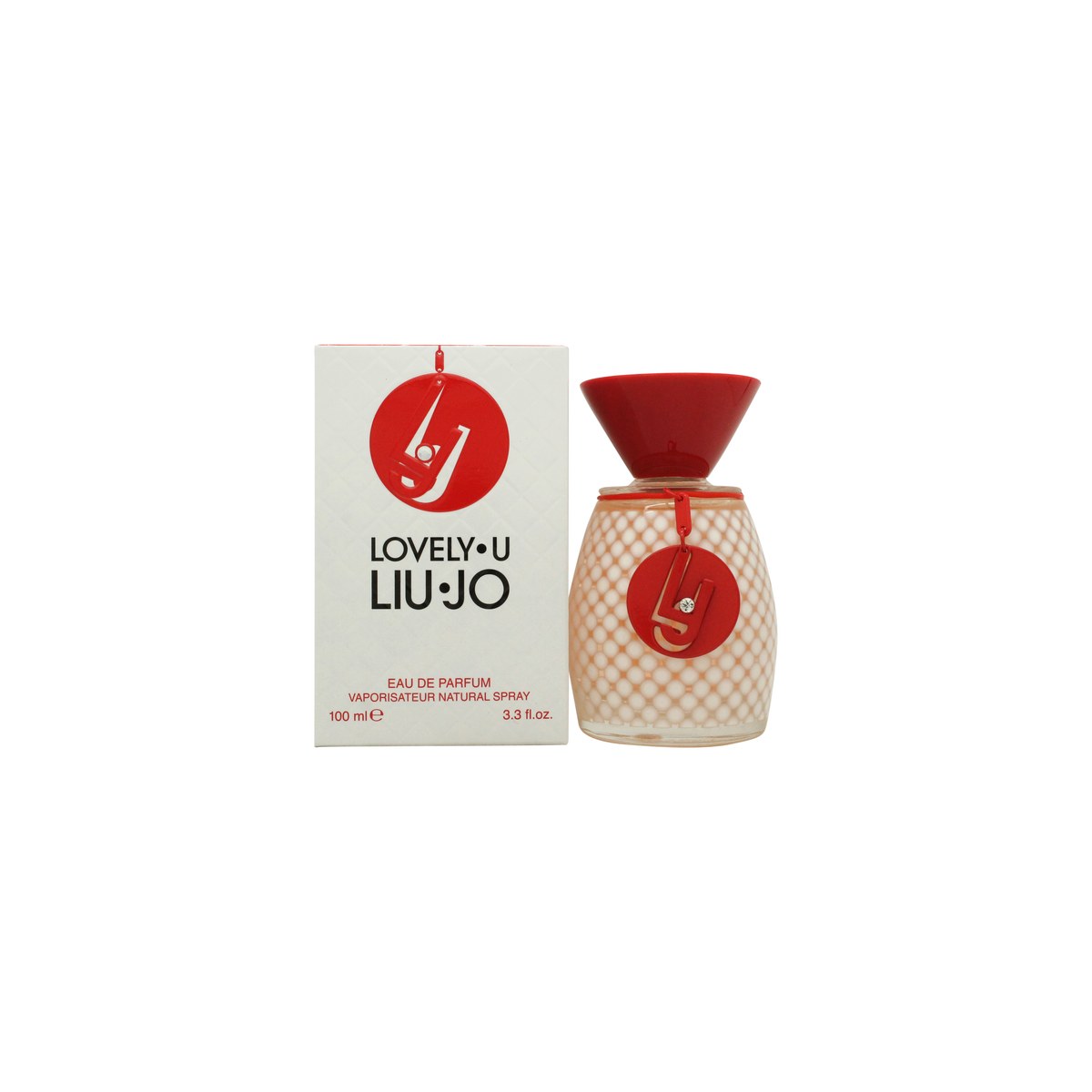 Liu Jo Lovely U Eau de Parfum 100ml, Liu Jo, 100 ml – rosa hjerteformet glasflaske med guldkantet prop og blød romantisk stil