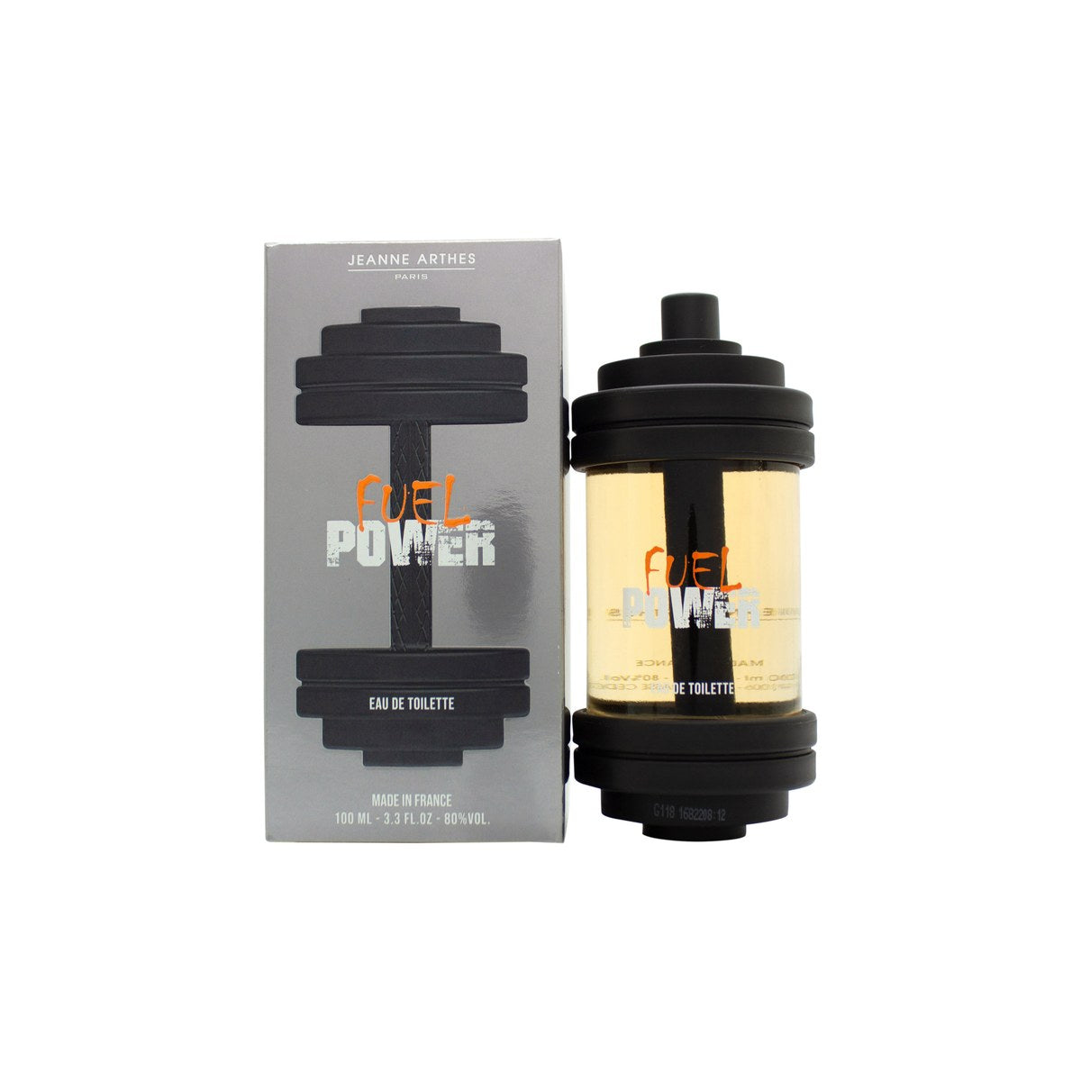 Jeanne Arthes Fuel Power for Men Eau de Toilette 100 ml – rød metaldunk‑formet flaske med sølvskruelåg og råt design