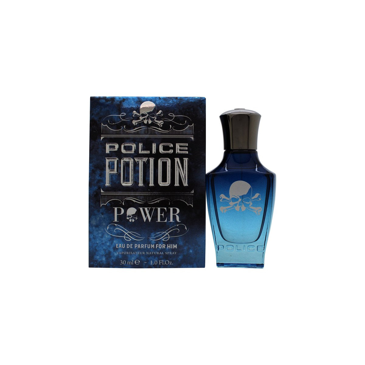 Police Potion Power Eau de Parfum 30 ml fra Police – lilla kranieformet flakon i glas med blank sølvfarvet hætte
