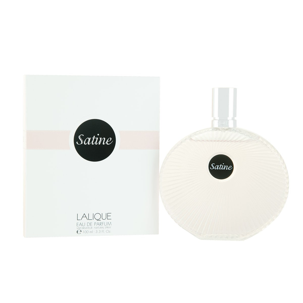 Lalique Satine Eau de Parfum 100ml – rund, satinmat glasflakon med ribber og kugleformet låg i hvidt design.