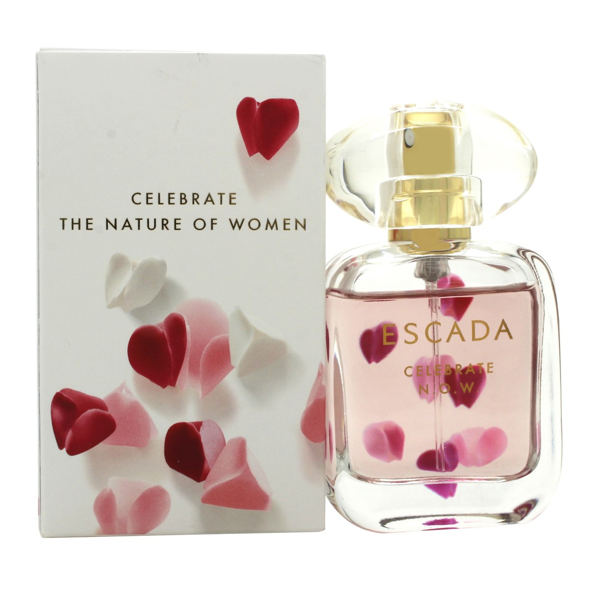 Celebrate N.O.W. Eau De Parfum Escada 30 ml, lyserød cylindrisk flaske med præget blomsterdesign og hvidt låg