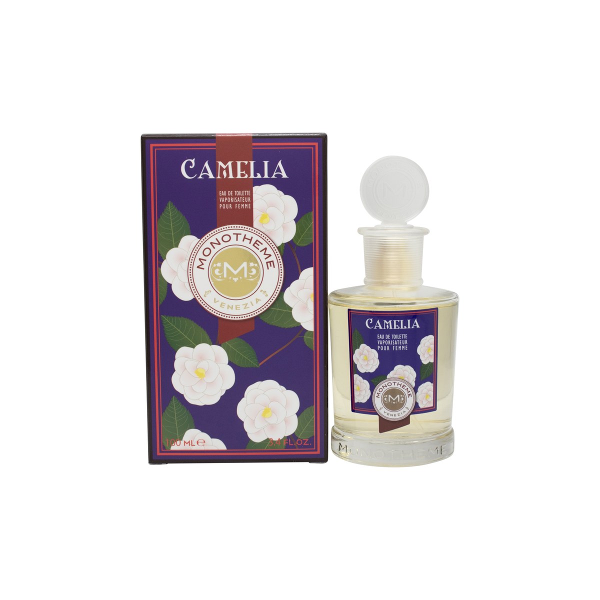 Monotheme Camelia Eau de Toilette 100ml – klar glasflakon med lyserød væske og sølvfarvet låg i enkelt design