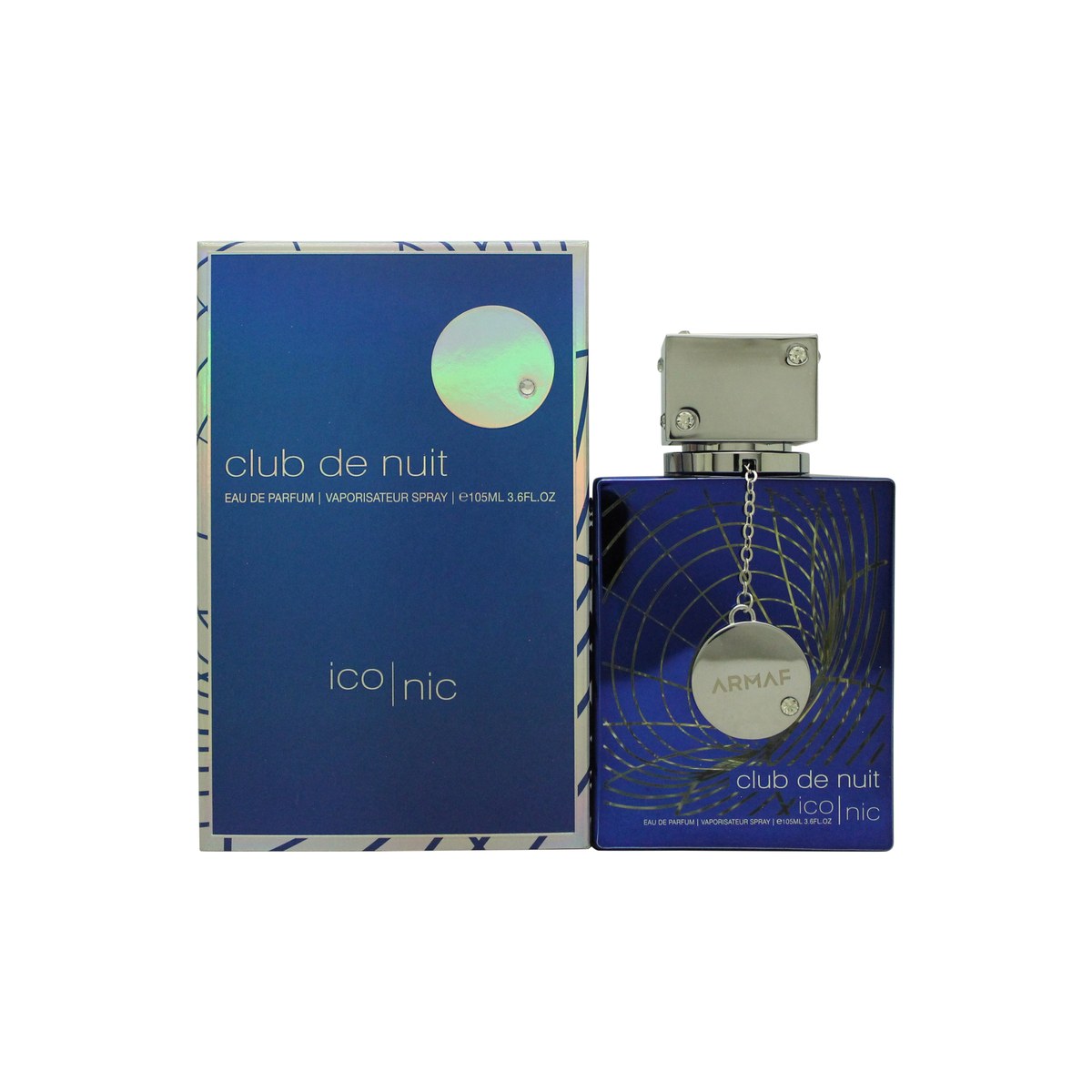 Club De Nuit Blue Iconic Eau De Parfum Armaf 100 ml, blå cylindrisk flaske med metallisk finish, sølvfarvet låg og kæde