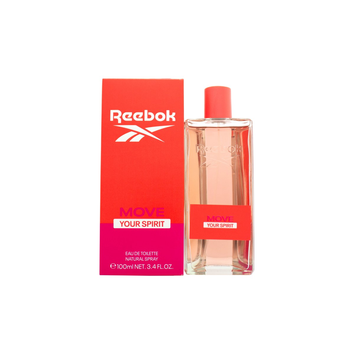 Reebok Move Your Spirit for Women Eau de Toilette 100 ml transparent lyserød flaske i glas med sølvfarvet låg og sporty design