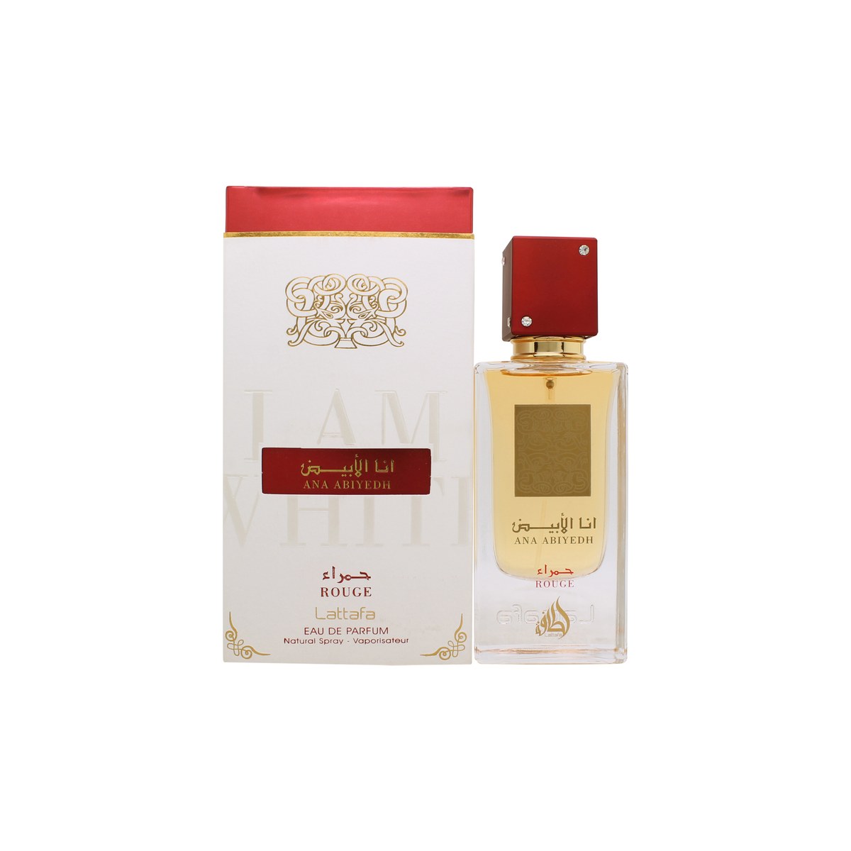 Lattafa Ana Abiyedh Rouge Eau De Parfum 60 ml, rød kvadratisk parfumeflaske med gulddetaljer og elegant etiket