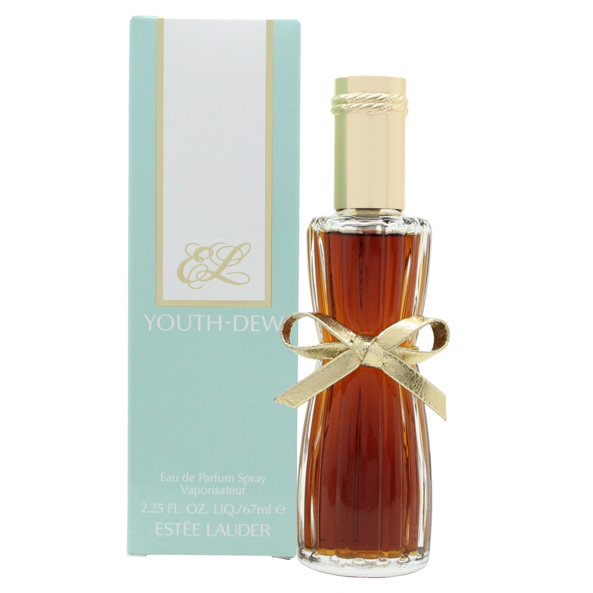 Estee Lauder Youth Dew Eau de Parfum 67ml, Estée Lauder, rillet flakon med guldbånd og rund guldkap.