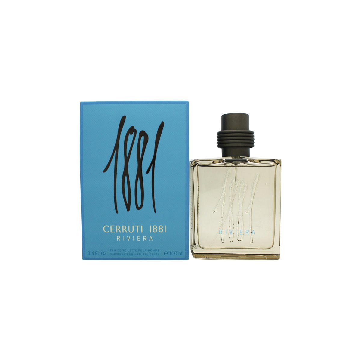 Cerruti 1881 Riviera Eau de Toilette 100ml, Cerruti, 100 ml – klar blå glasflakon med sølvlåg og enkel maritim etiket.