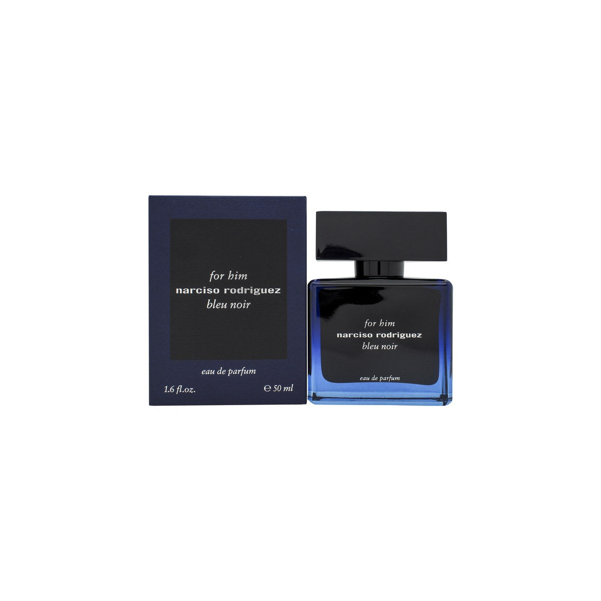 Narciso Rodriguez Bleu Noir Eau de Parfum 50 ml – mørkeblå transparent flakon i rektangulært glas med sort låg