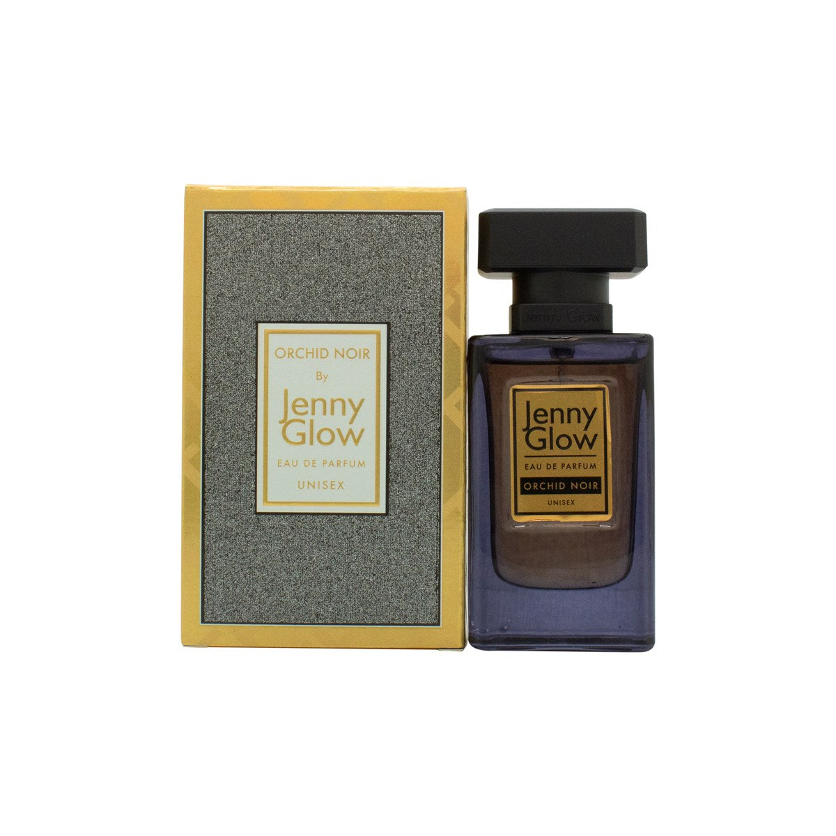 Jenny Glow Orchid Noir Eau de Parfum 30 ml – klar rektangulær flakon med sort låg og gylden duftvæske, enkelt etiketdesign