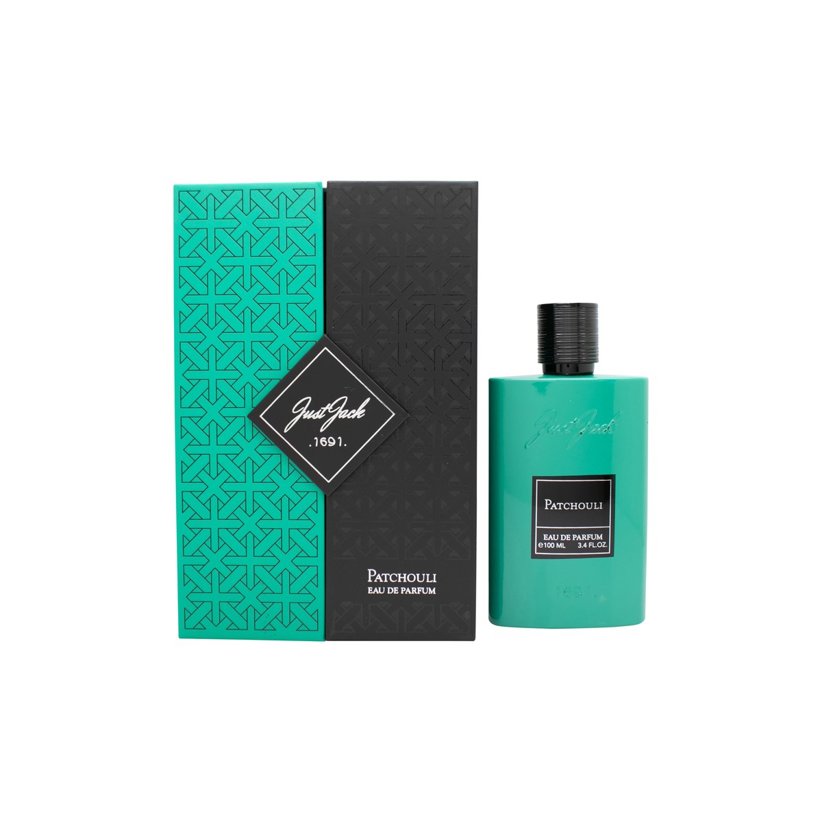 Just Jack Patchouli Eau de Parfum, Just Jack, 100 ml – rektangulær sort flakon med gylden etiket og minimalistisk design.