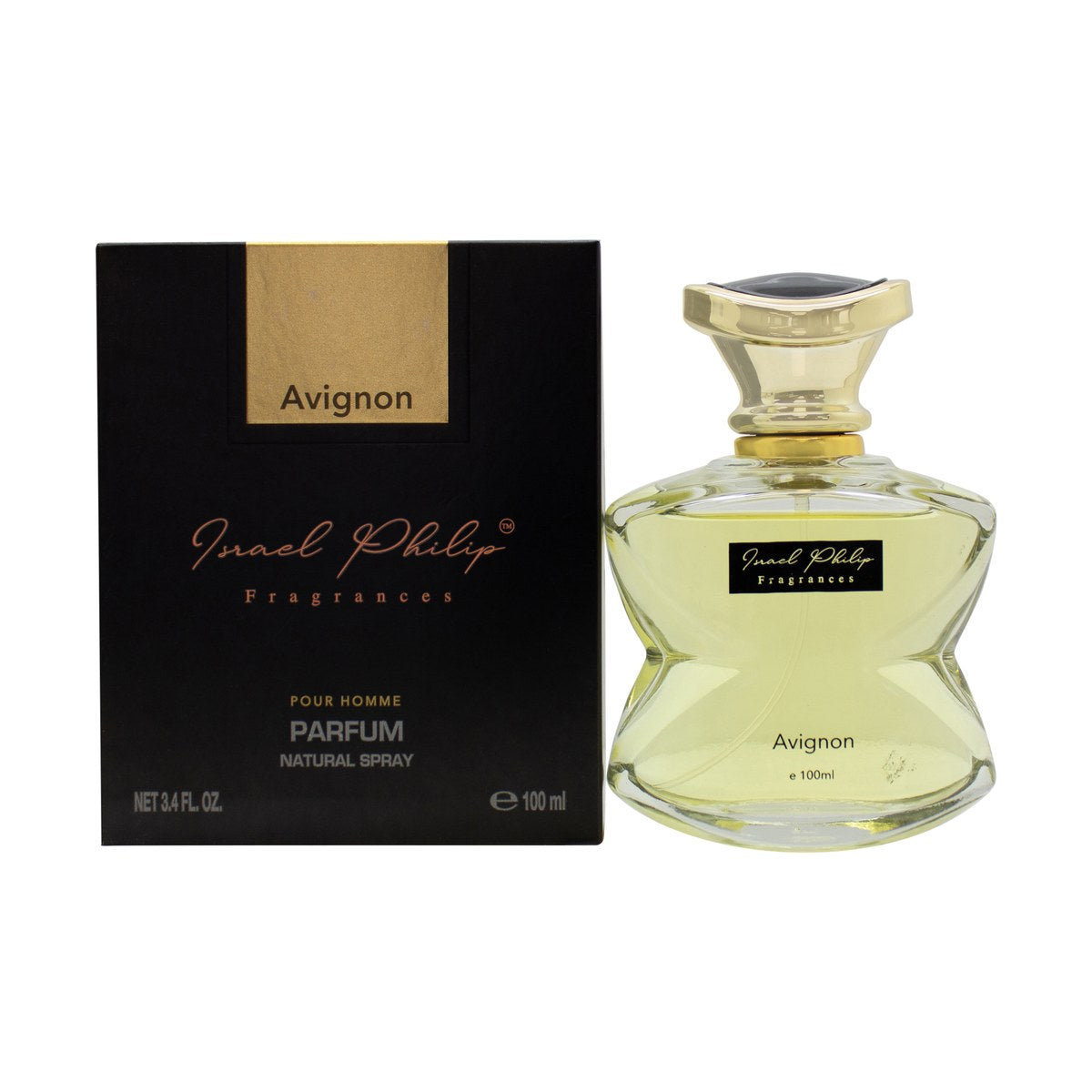 Israel Philip Avignon Eau de Parfum 100 ml fra Israel Philip i klar glasflaske med sort låg og enkel etiket.