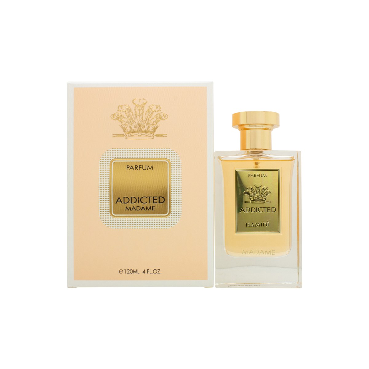 Hamidi Addicted Madame Eau De Parfum 120ml i elegant sort og guld flakon med kantet design og låg i metalfinish