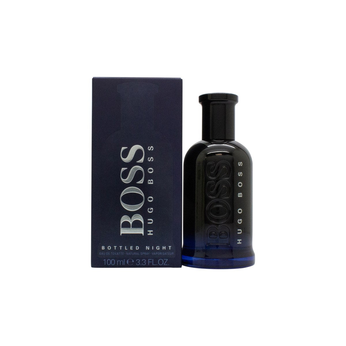Hugo Boss Boss Bottled Night Eau de Toilette 100 ml – mørkeblå cylinderformet flakon i glas med sort låg og diskret logo