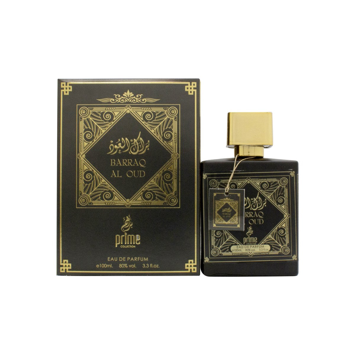Prime Collection Barraqa Al Oud Eau de Parfum 100 ml Prime Collection – mørk glasflaske med gylden hætte og mønstret detalje