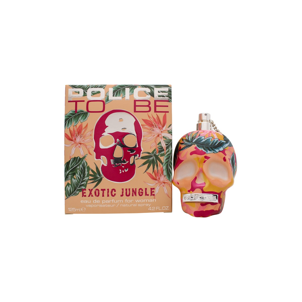 Police To Be Exotic Jungle Woman Eau De Parfum, Police, 125 ml med orange kranieformet flaske dekoreret med grønne palmeblade