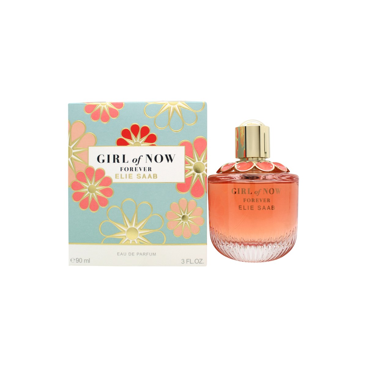 Girl Of Now Forever Eau De Parfum Elie Saab 90 ml, firkantet glasflakon i koralfarvet tone med blomsterdetalje