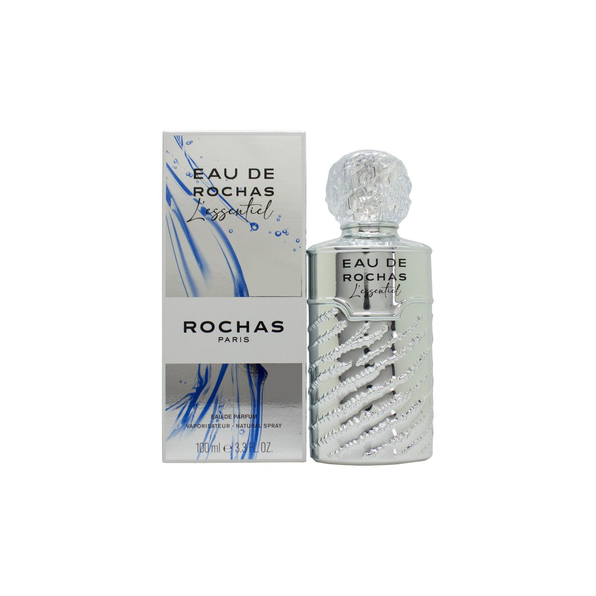 Rochas L'Essentiel Eau De Parfum, Rochas, 100 ml – klar glasflaske med afrundet form, sølvfarvet låg og enkel etiket