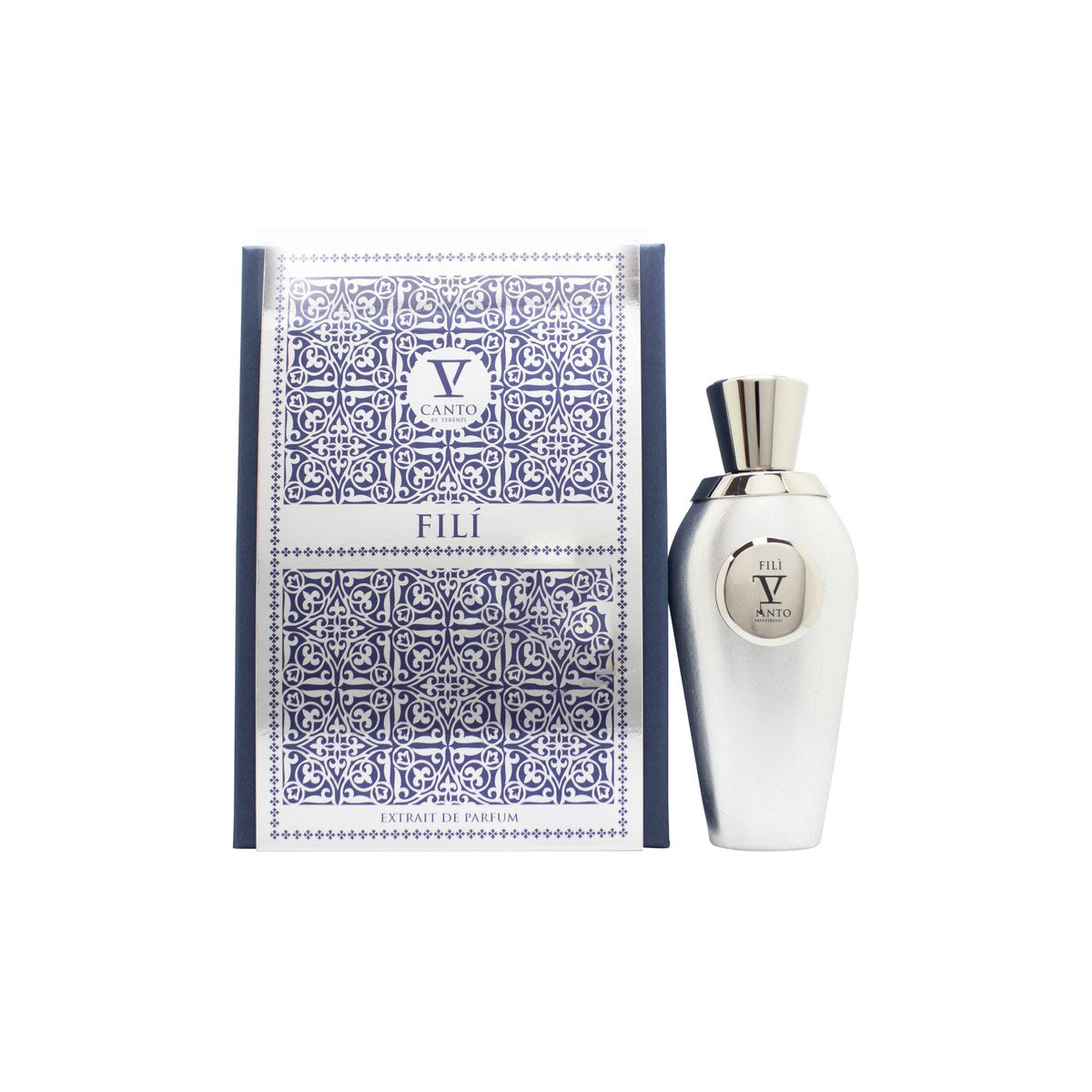V Canto Fili Extrait de Parfum 100ml fra V Canto, 100 ml flakon i mørkeblåt glas med gulddetaljer og cylindrisk låg.