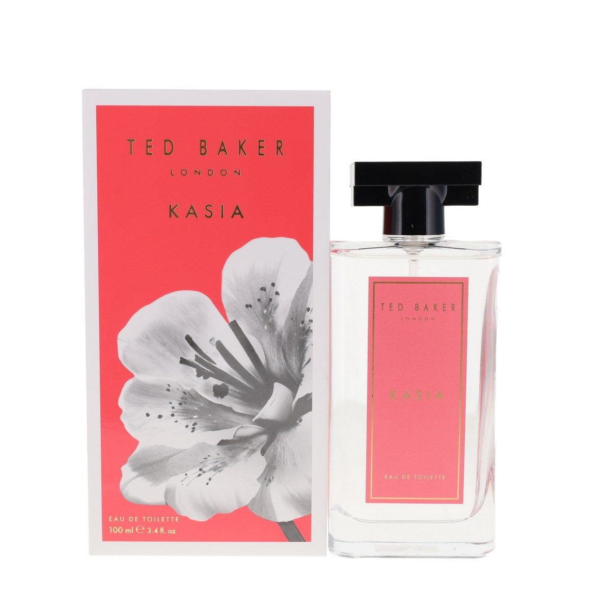 Ted Baker Floralicious Kasia Eau de Toilette 100 ml – lyserød facetslebet flakon med rosaguldlåg og sort sløjfe ved halsen.