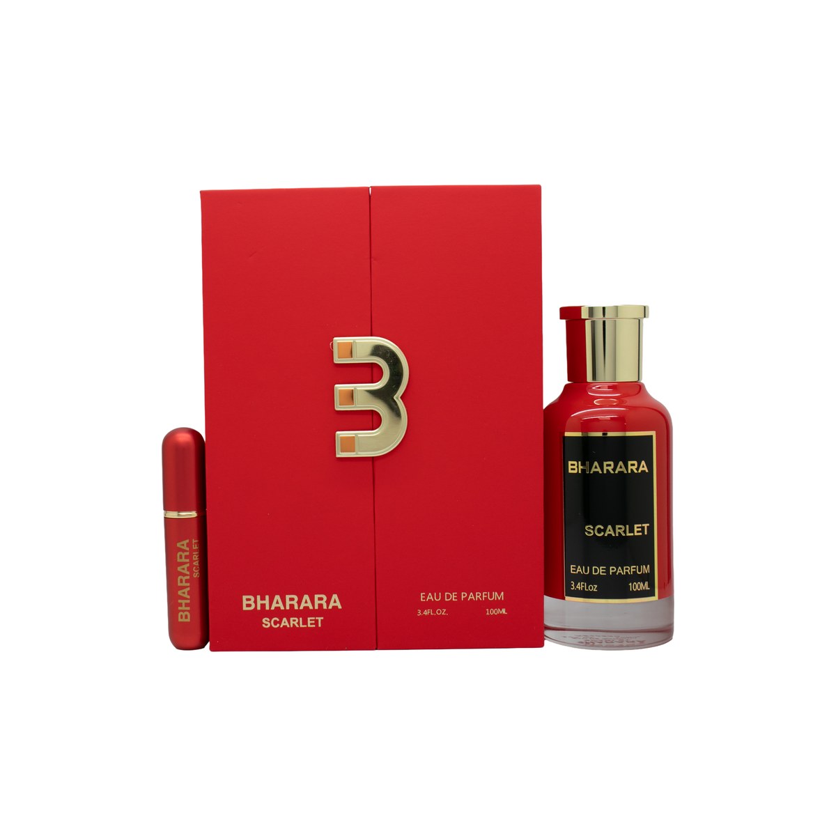 Bharara Scarlet Eau de Parfum 100ml, Bharara Beauty, 100 ml – rød glasflakon med gyldent låg og elegant, firkantet design
