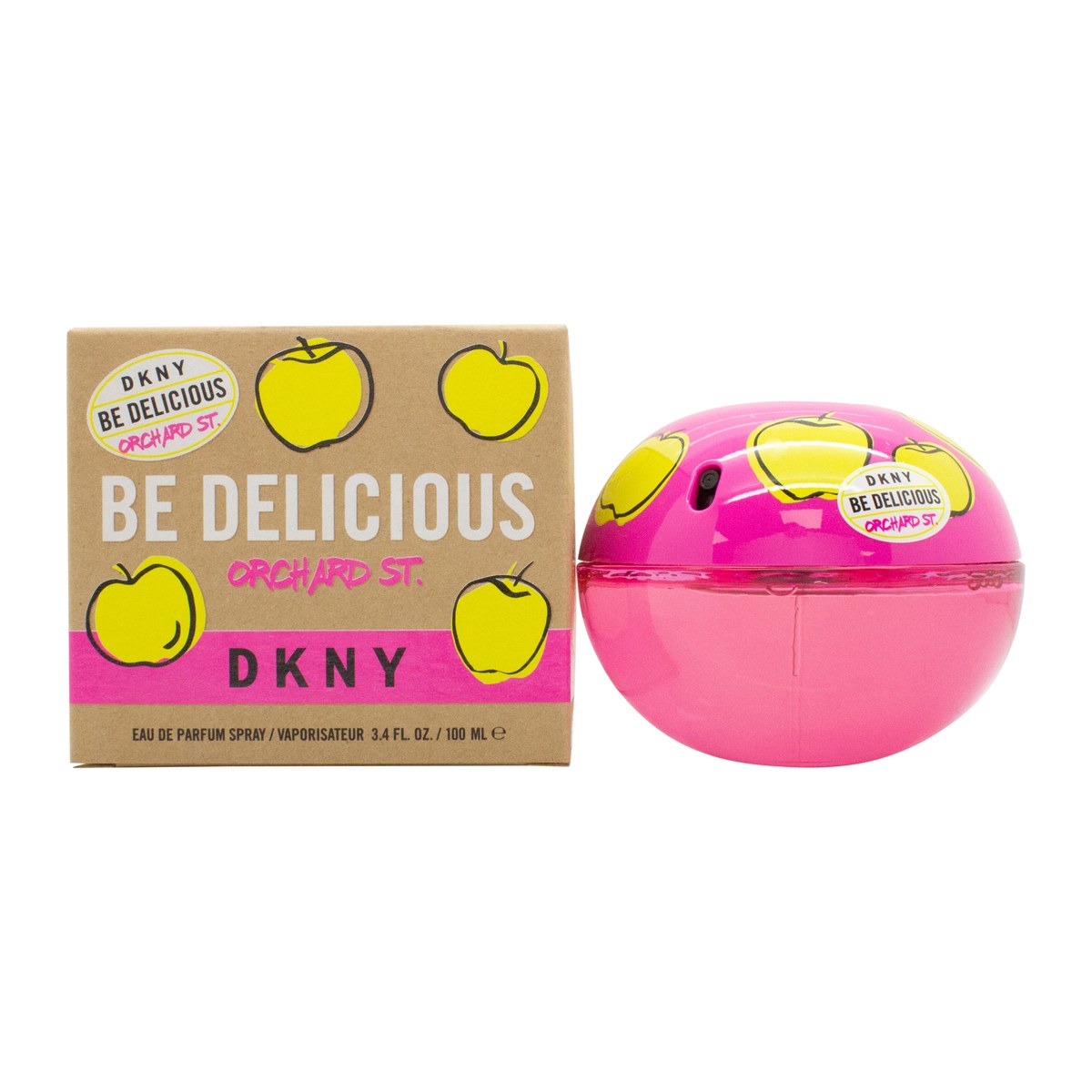 DKNY Be Delicious Orchard St Eau de Parfum 100 ml – klar glasflakon formet som et æble med sølvdetaljer og rosa juice