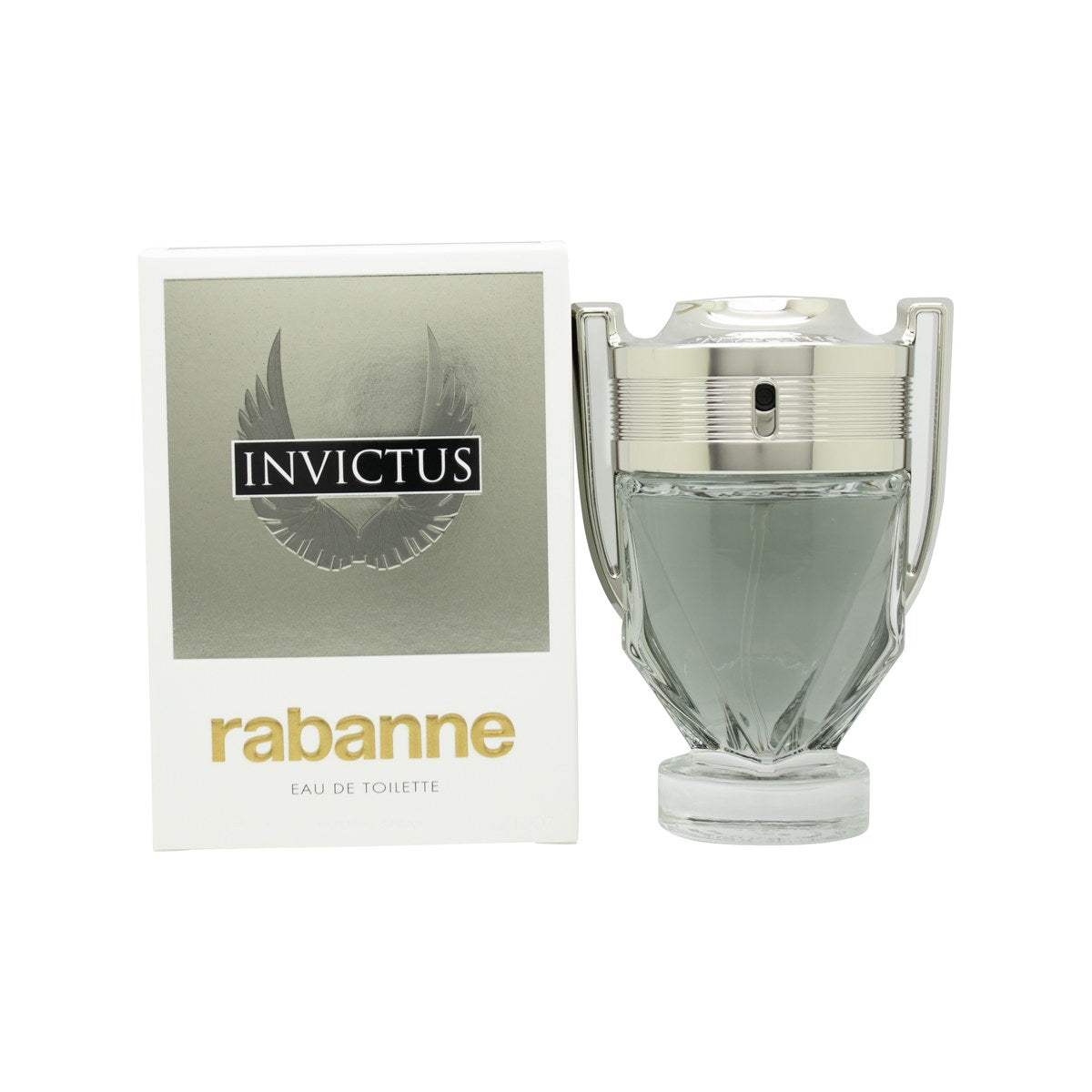 Paco Rabanne Invictus Eau de Toilette 50 ml, Paco Rabanne – trofæformet glasflakon med sølvtop og lys blå duft.