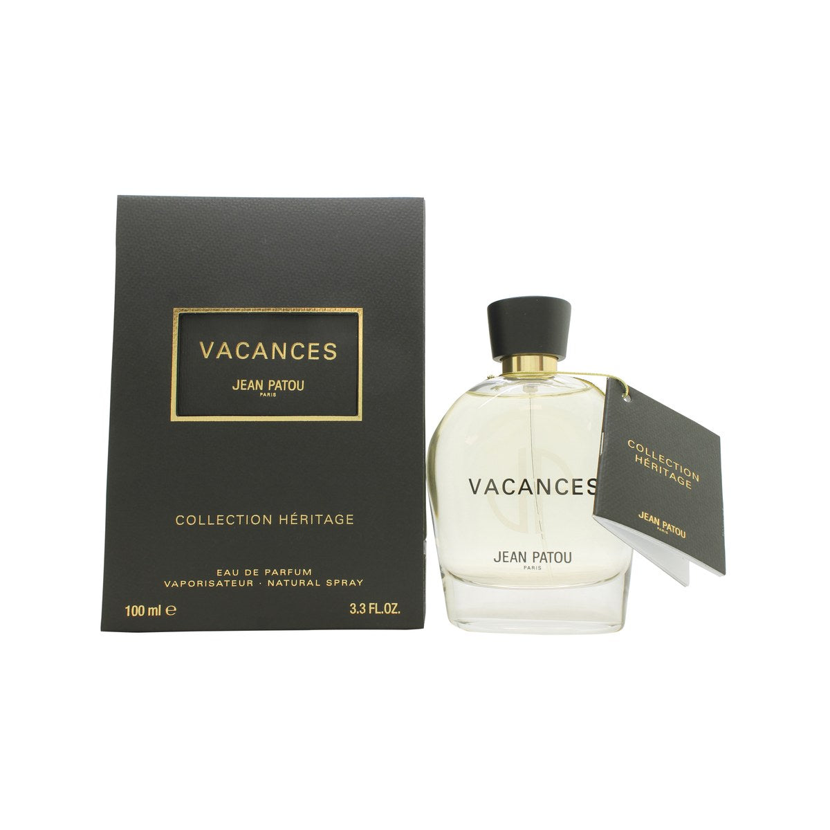 Jean Patou Heritage Vacances Eau de Parfum 100ml, klar rektangulær glasflaske med gylden væske og sort kubisk låg