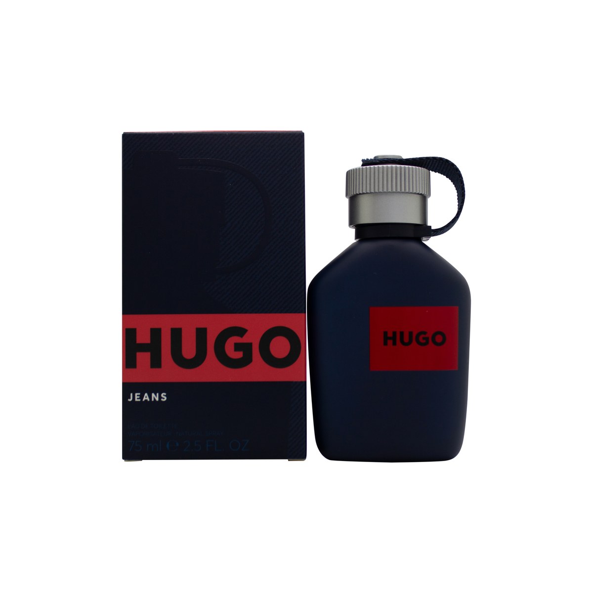 Hugo Jeans Eau De Toilette, Hugo Boss, 75 ml, mat denimblå flakon med rød-sort logo, sølvkapsel og blå stoffsnor.