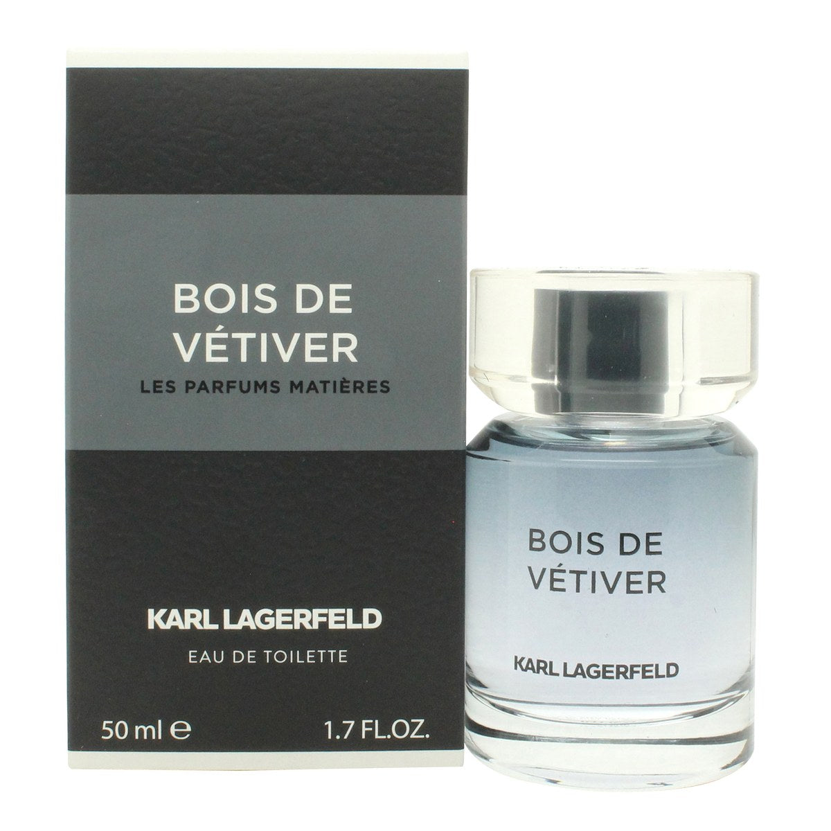 Karl Lagerfeld Bois De Vetiver Eau De Toilette 50 ml – klar glasflaske med lysegrøn tone og sort låg, minimalistisk design.