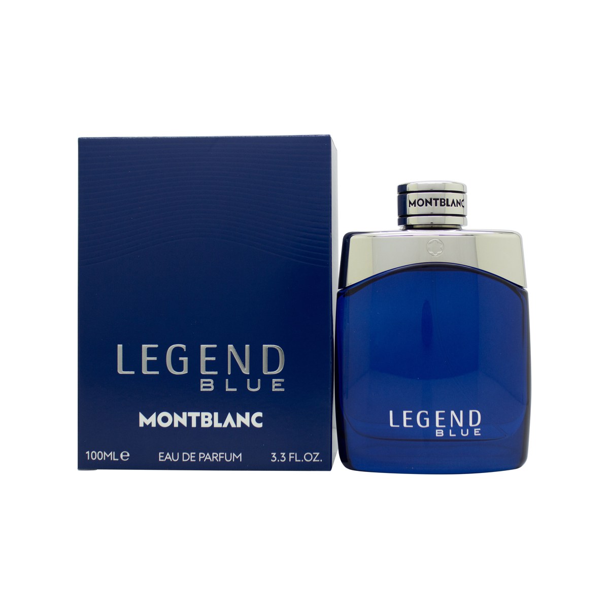 Mont Blanc Legend Blue Eau de Parfum 100 ml, Mont Blanc – mørkeblå glasflaske med sølvfarvet låg og diskret logo.
