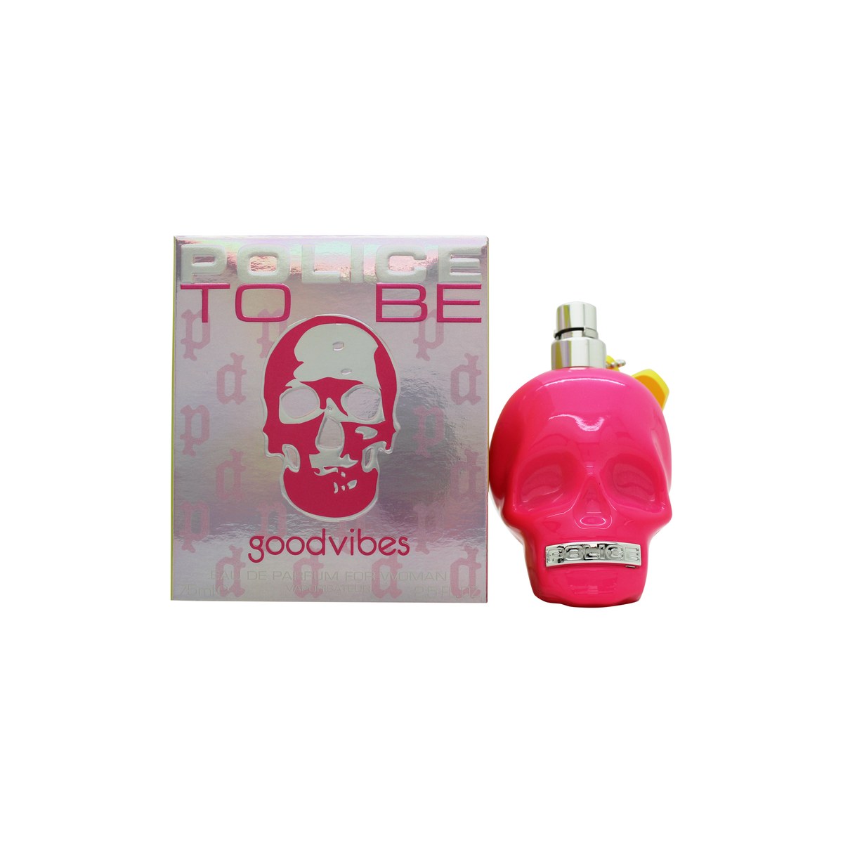 Police To Be Goodvibes For Her Eau de Parfum, Police, 75 ml – kranieformet flakon i rosa-gul gradient med gyldne detaljer