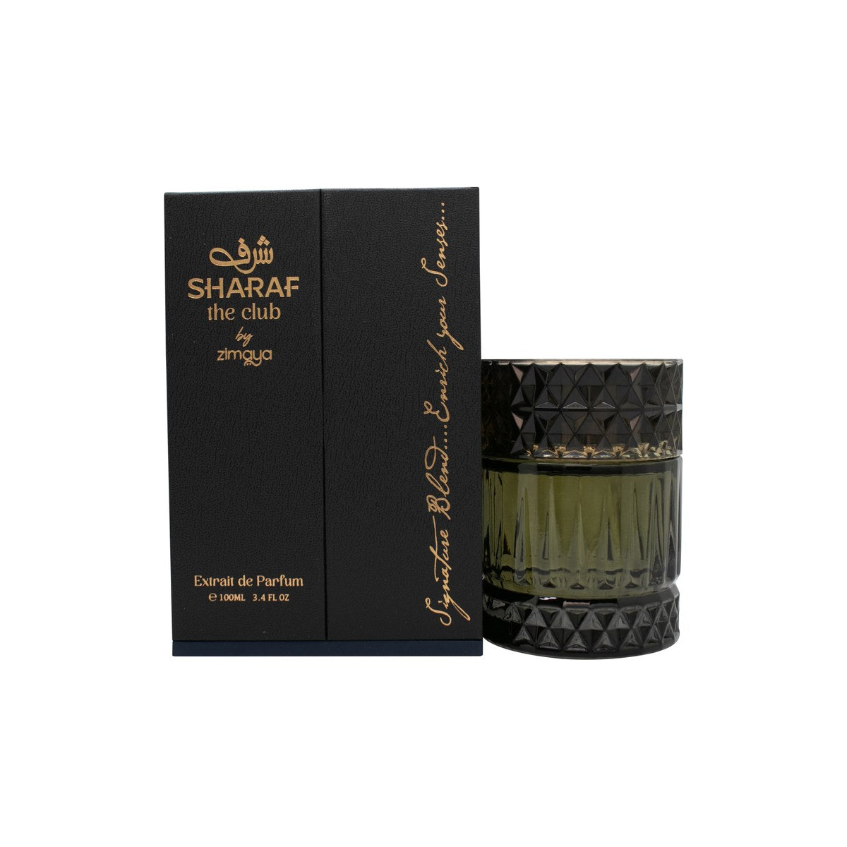 Zimaya Sharaf The Club Extrait de Parfum 100 ml fra Zimaya – mørk, sort flakon med guldkapsel og elegant frontemblem