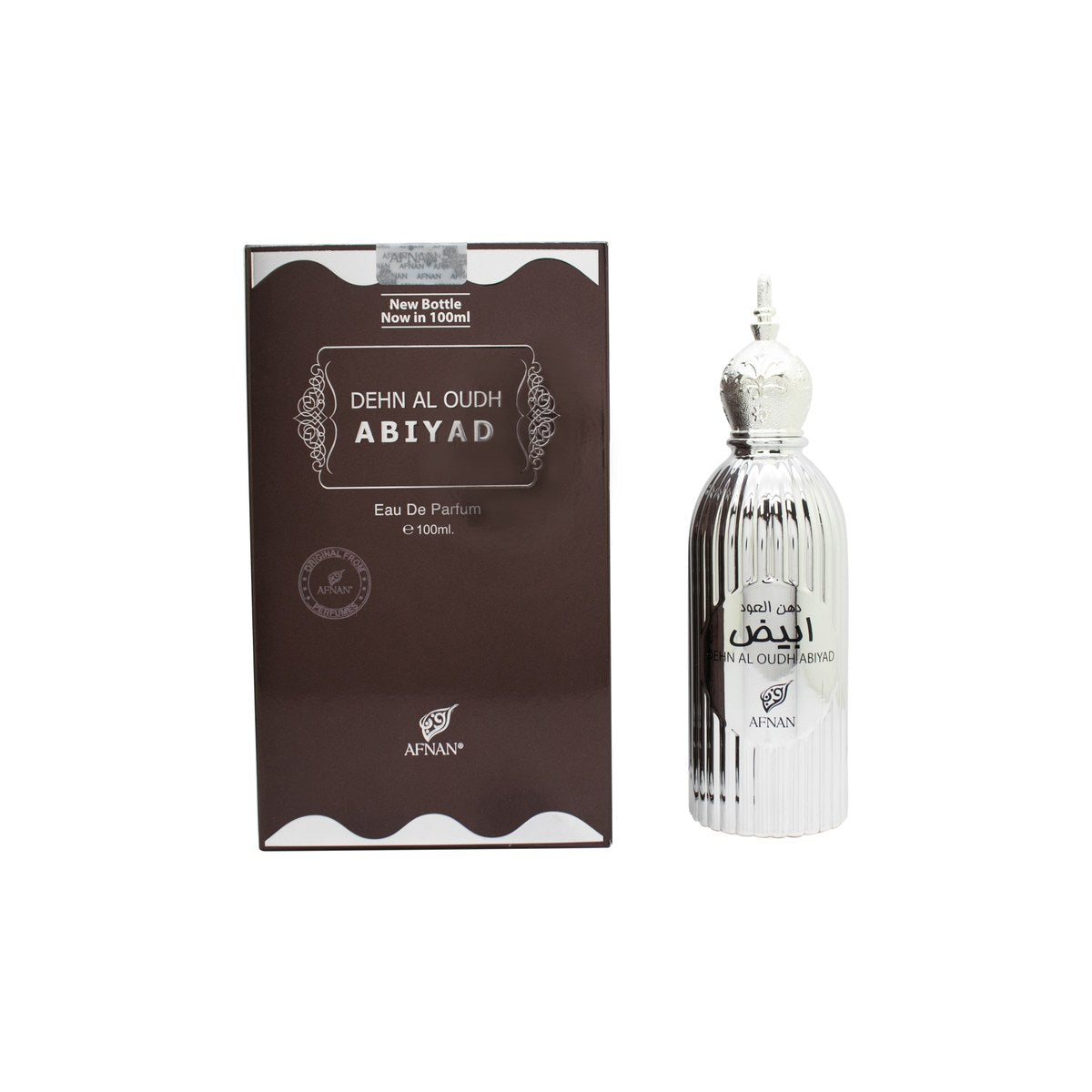 Afnan Dehn al Oudh Abiyad Eau de Parfum 100 ml – hvid, firkantet flakon med gylden hætte og orientalsk design