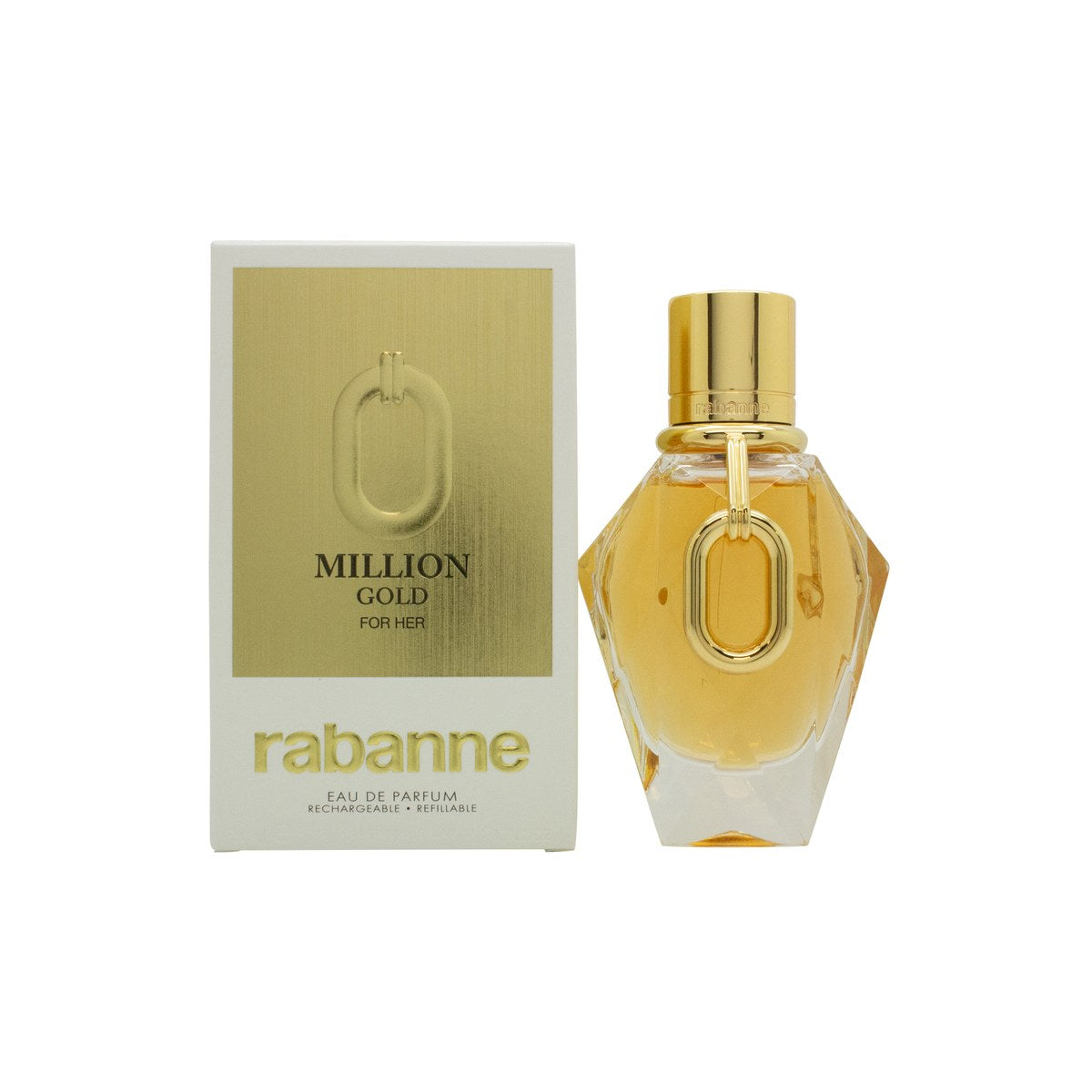 Million Gold For Her Parfum Eau De Parfum, Rabanne, 50 ml – guldfarvet parfume flaske med facetslebet skulpturel form