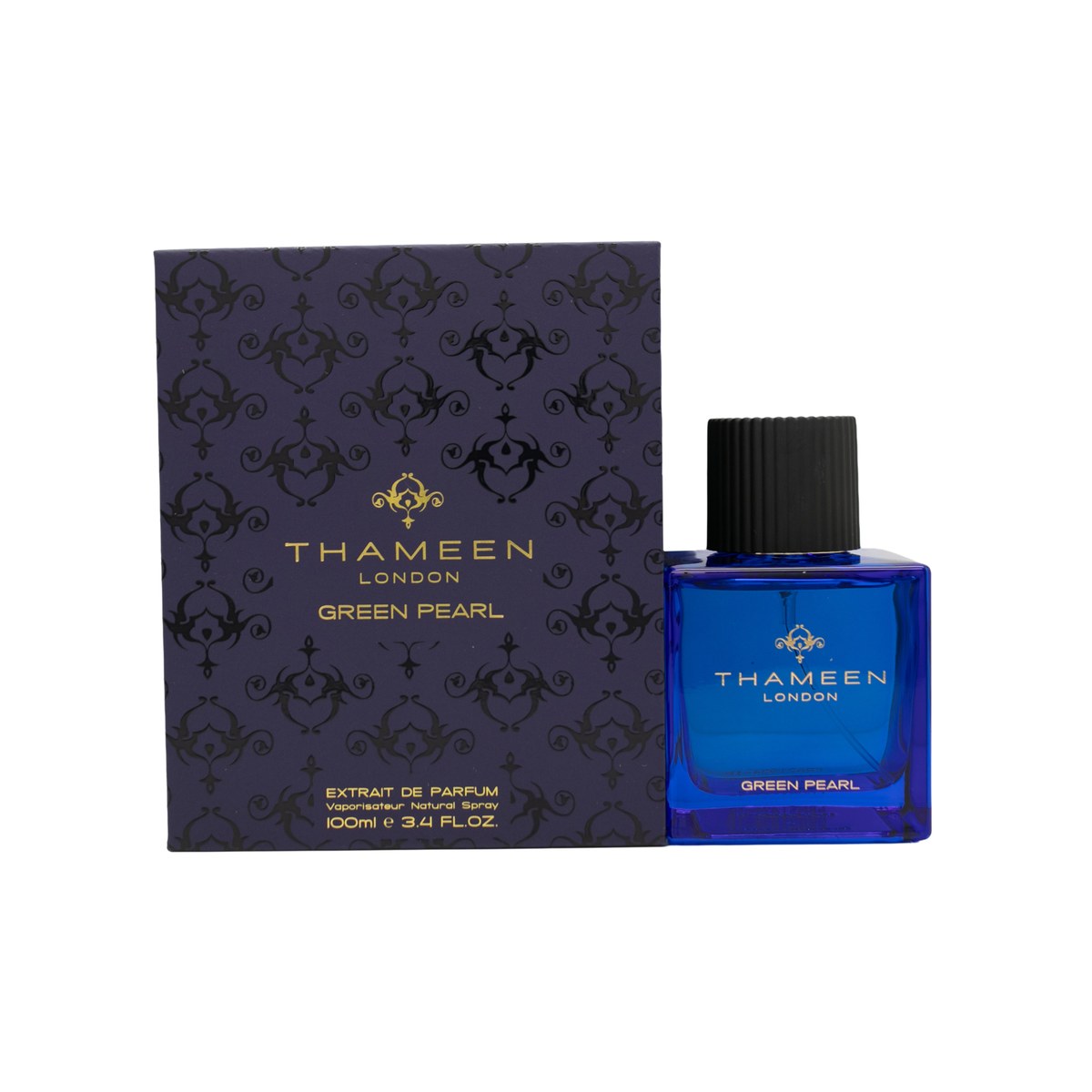 Thameen Green Pearl Extrait de Parfum 100 ml fra Thameen – mørkegrøn glasflakon med guldfarvet låg og elegant guldplade på fronten