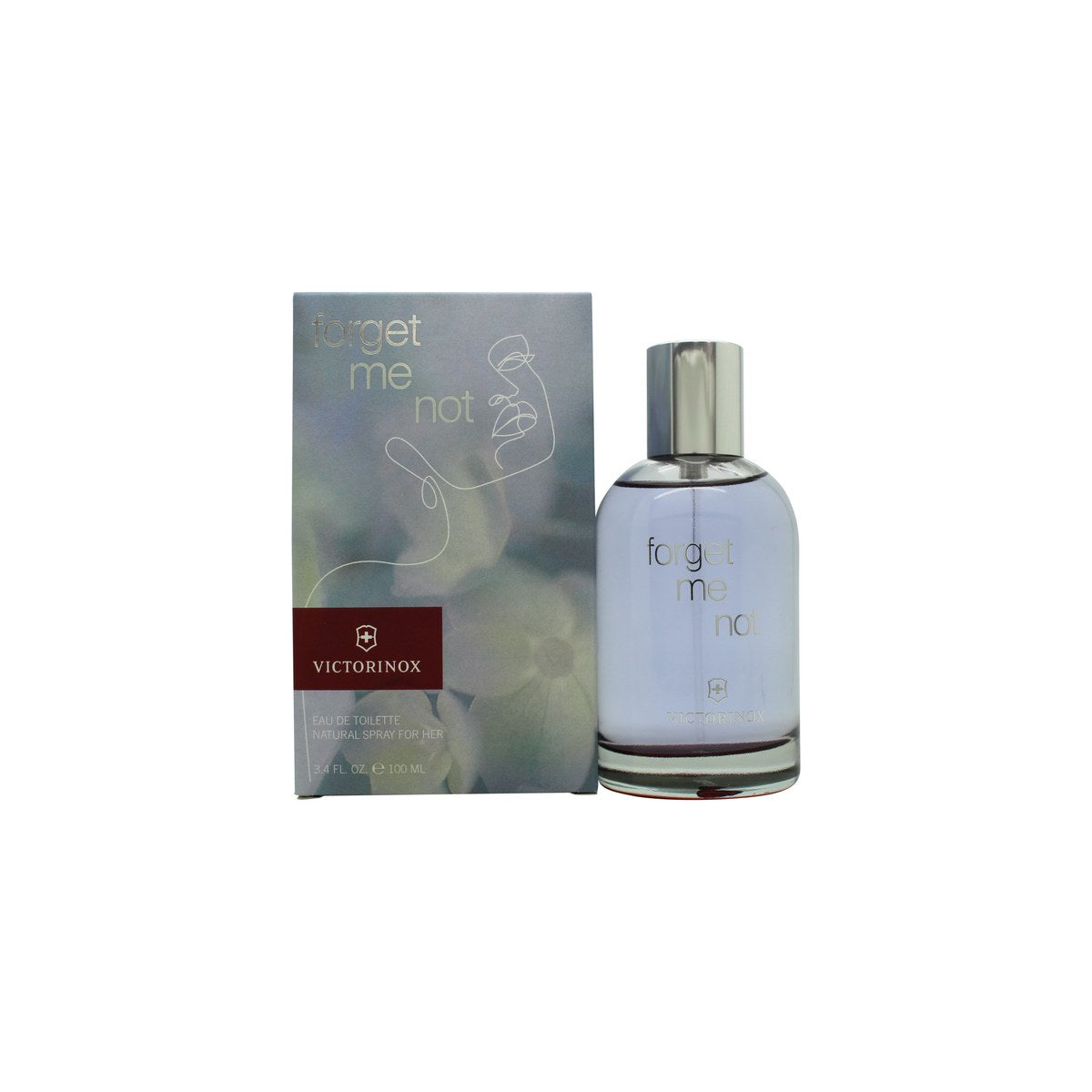 Swiss Army Forget Me Not Eau de Toilette 100ml, Swiss Army Victorinox 100 ml klar glasflaske med sølvkapsel og pink etiket.
