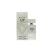 White Tea Eau De Toilette Elizabeth Arden 50 ml, mat frostet flaske med rund form, sølvfarvet låg og enkel hvid etiket