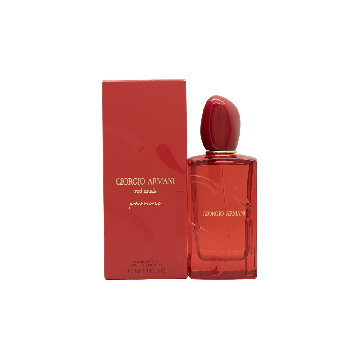 Giorgio Armani Si Passione Red Musk Eau de Parfum, Giorgio Armani, 100 ml – rød glasflakon med sort låg og gyldne detaljer.