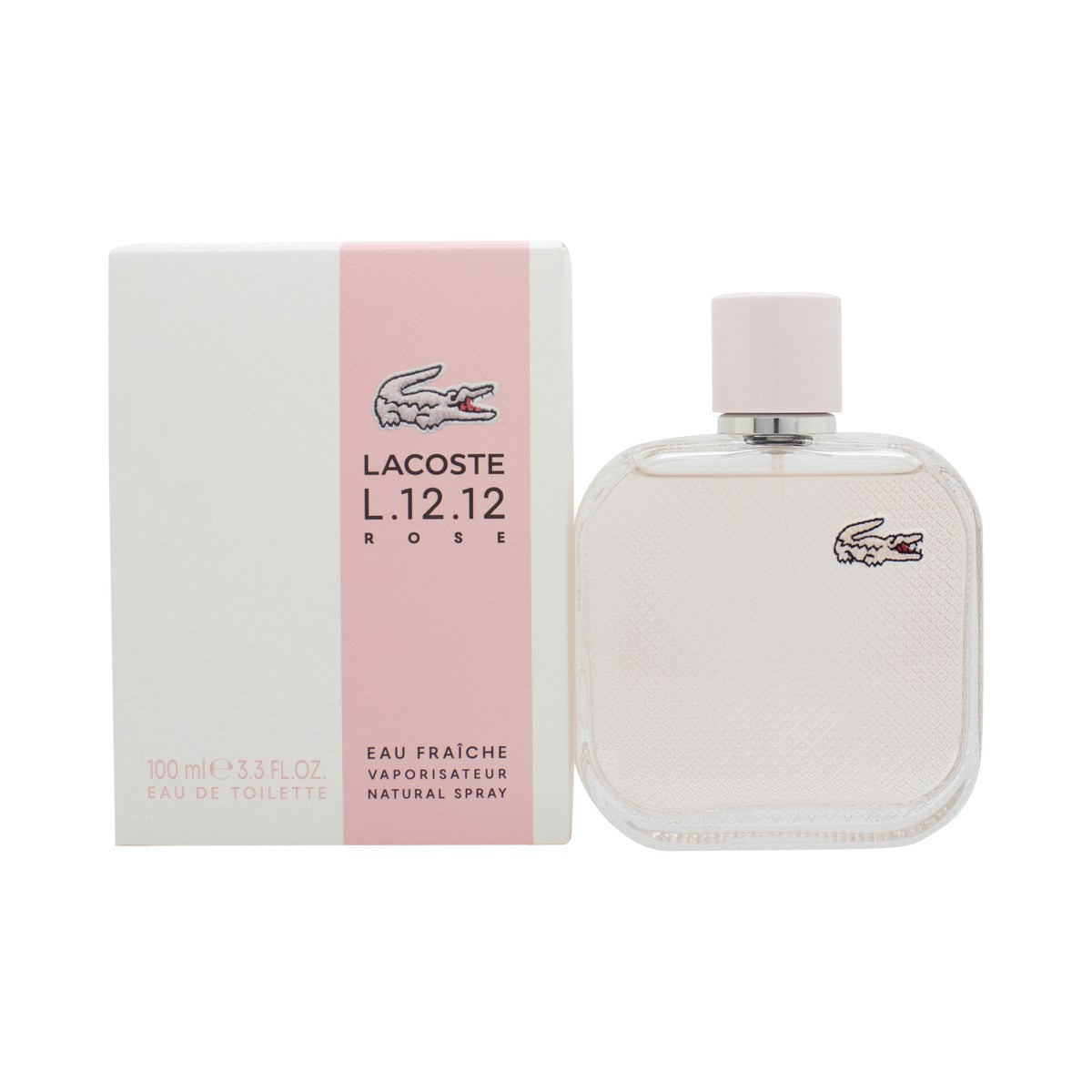 Lacoste L.12.12 Rose Eau Fraiche Eau De Toilette 100 ml, lyserød mat sprayflaske med afrundede kanter og krokodillelogo