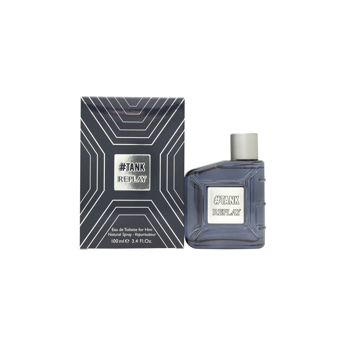 Replay #Tank For Him Eau de Toilette, Replay, 100 ml – sort tankformet flakon i mat glas med sølvdetaljer.