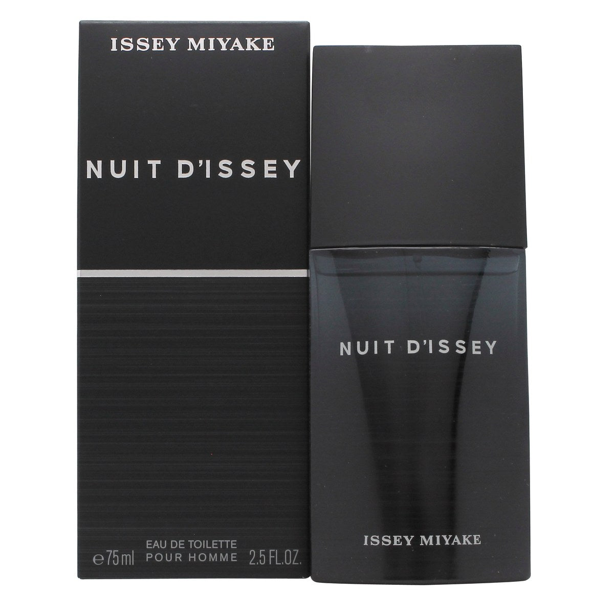 Nuit D'Issey Eau De Toilette Issey Miyake 75 ml sort, mat rektangulær flakon med minimalistisk design og mørk stemning