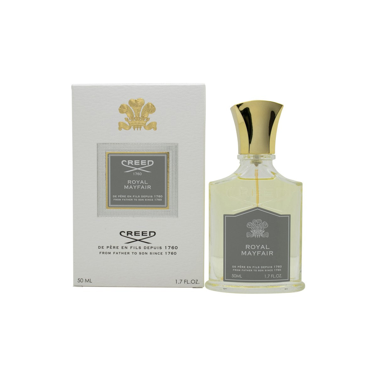 Creed Royal Mayfair Eau de Parfum 50 ml – klar glasflaske med grøn label og sølvkork i klassisk, elegant design
