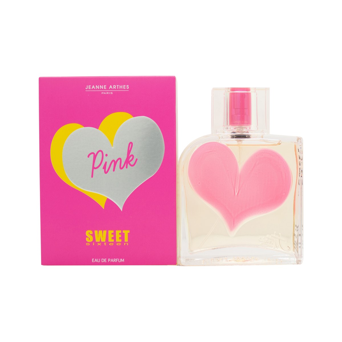 Jeanne Arthes Sweet Sixteen Pink Eau de Parfum 100 ml – lyserød flakon i klart glas med sølvfarvet låg og bløde kurver