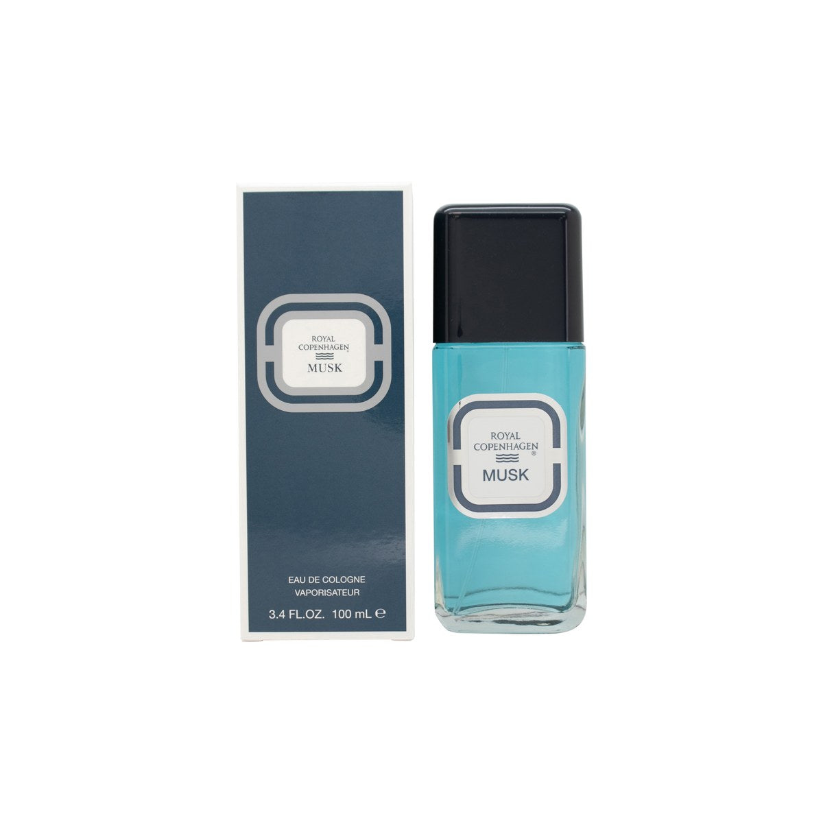 Royal Copenhagen Musk Eau de Cologne 100 ml – klar glasflaske med sølvfarvet låg og mørkeblåt logo i klassisk design.