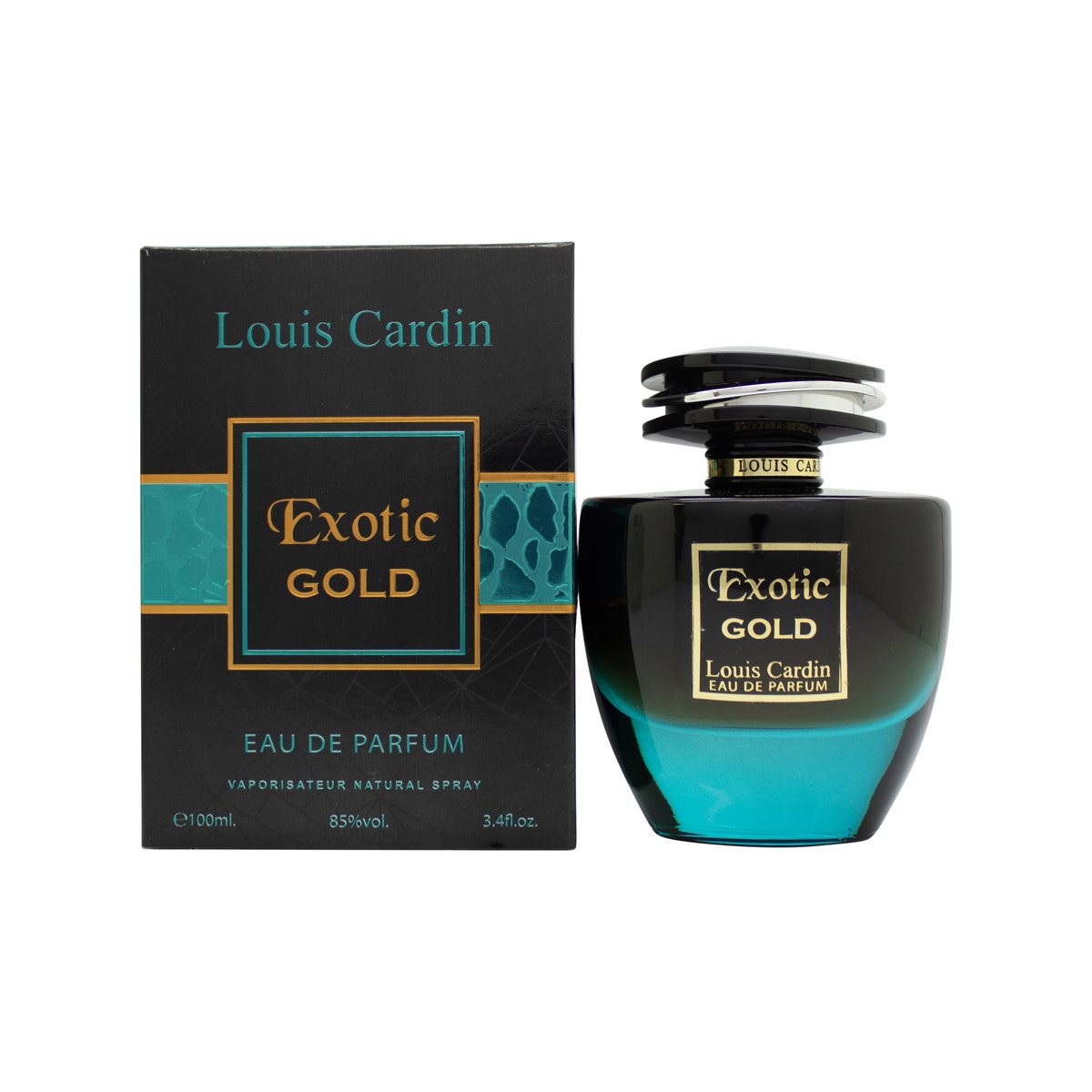 Louis Cardin Exotic Gold Eau de Parfum 100 ml – gylden, cylindrisk glasflaske med sort låg og elegant gulddetalje.