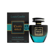 Louis Cardin Exotic Gold Eau de Parfum 100 ml – gylden, cylindrisk glasflaske med sort låg og elegant gulddetalje.