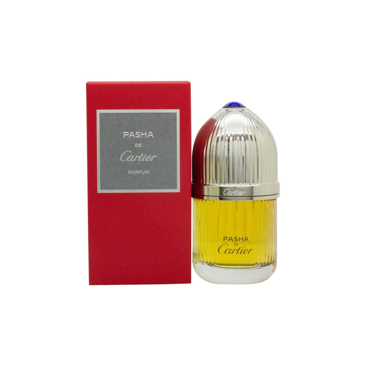 Cartier Pasha de Cartier Parfum 50 ml – mørkeblå cylindrisk glasflaske med sølvfarvet prop og rillet hals