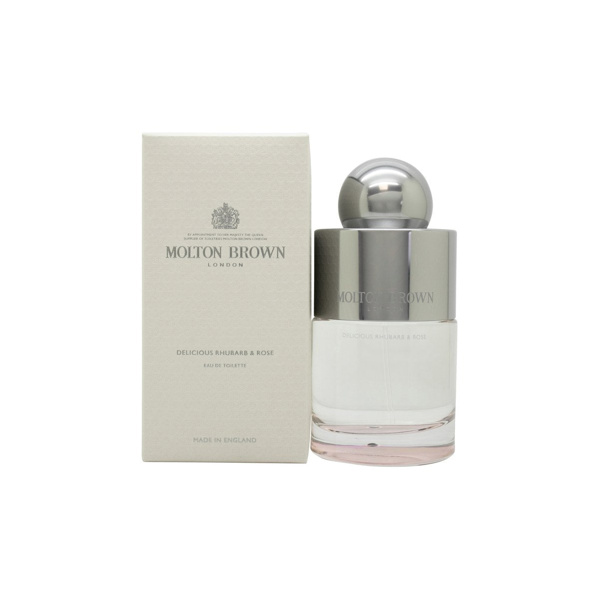 Molton Brown Delicious Rhubarb & Rose Eau de Toilette 100 ml, Molton Brown – klar glasflaske med rosa væske og sølv låg.