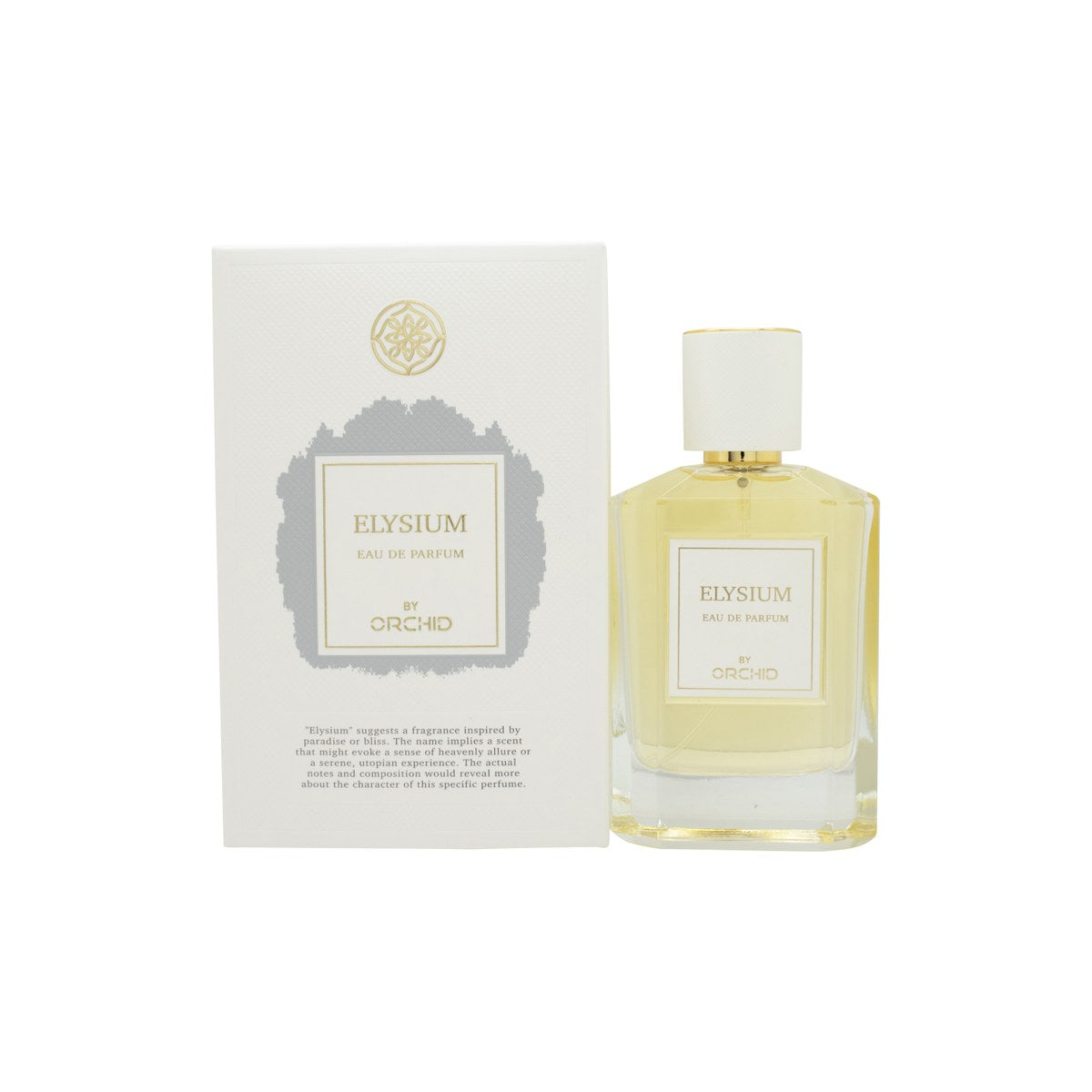 Orchid Elysium Eau De Parfum 100ml fra Orchid, klar cylindrisk glasflakon med sølvfarvet spray og minimalistisk etiket.
