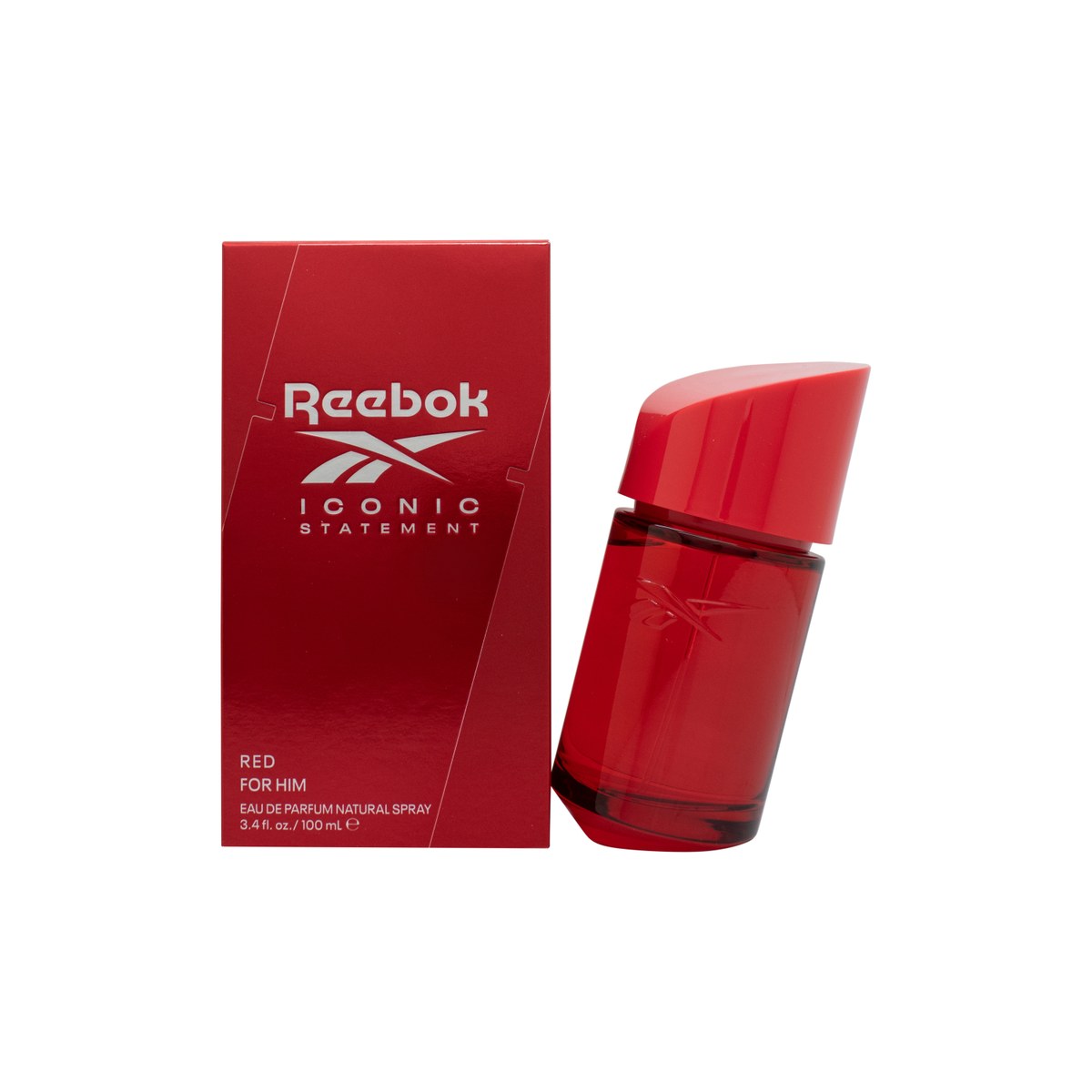 Reebok Iconic Statement Red Eau De Parfum, Reebok, 100 ml – rød glasflaske med sort låg og minimalistisk, sporty design.